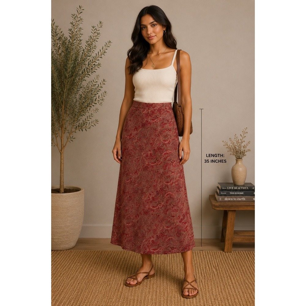Josephine Chaus Bohemian Red‎ Paisley 100% Silk Maxi Skirt Sz 4 Vintage Style